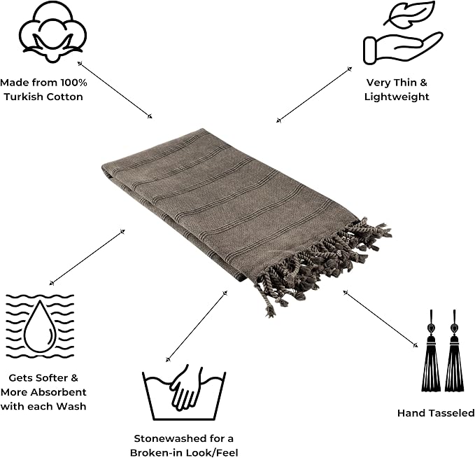 InfuseZen Stonewashed Turkish Cotton Bath and Beach Towel - Faded Black | 100% Organic, Thin, Soft, Lightweight, Absorbent, Quick-Drying, Large Peshtemal, Sand-Resistant for Shower, Pool, Spa, Travel