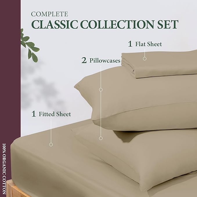 100% Organic Cotton Sheets King Size - 4 PC Organic Cotton King Size Percale Weave Sheet Set, Soft, Cooling, Crisp & Breathable, 16" Deep Pocket Hotel Quality Bedding Set - Taupe
