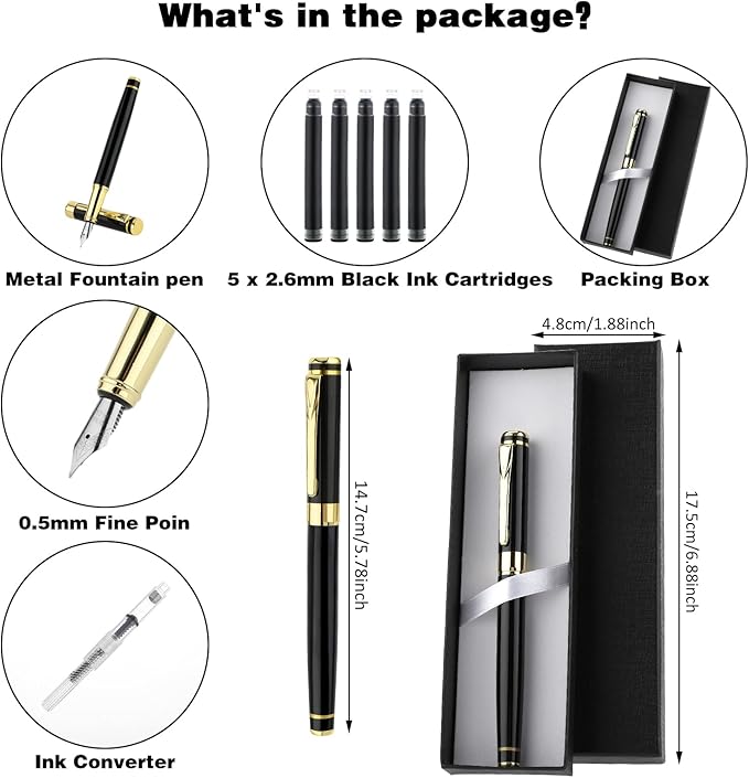 cobee Luxury Metal Fountain Pen, Fine Nib Fountain Pen Business Smooth Writing Pen with Ink Converter 5 Ink Cartridges Gift Box Calligraphy Pens for Writing Journaling Signature