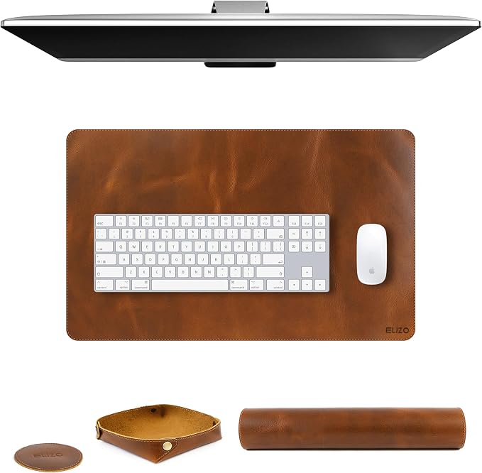 Elizo Real Leather Desk Mat Set (24X14) Large Desk Cover Desk Blotter Protector Computer Gaming Mouse Pad Table Laptop Office Desktop Accessories Antique