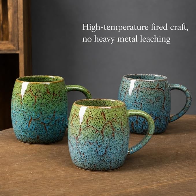 21oz Large Handmade ceramic Mug, Big Ceramic Tea Cup, Durable and Heavy Microwave and Dishwasher Safe Pottery Coffee Mug with Handle, Reactive Glaze Stoneware Clay coffee mug (Blue and Green)