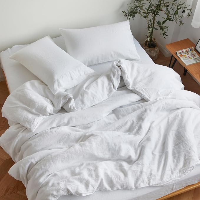 Sijo Stone Washed Organic French Linen Bed Sheet Set, GOTS Certified Organic, Best Cooling Linen Sheet Award by Sleep Foundation, 3 Piece - 2 Pillowcases and 1 Fitted Sheet (Snow, Cal King)