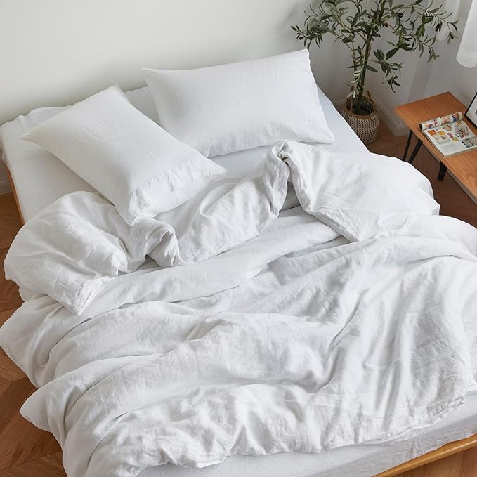 Sijo Stone Washed Organic French Linen Bed Sheet Set, GOTS Certified Organic, Best Cooling Linen Sheet Award by Sleep Foundation, 4 Piece - 2 Pillowcases, 1 Fitted and 1 Flat (Snow, Full)