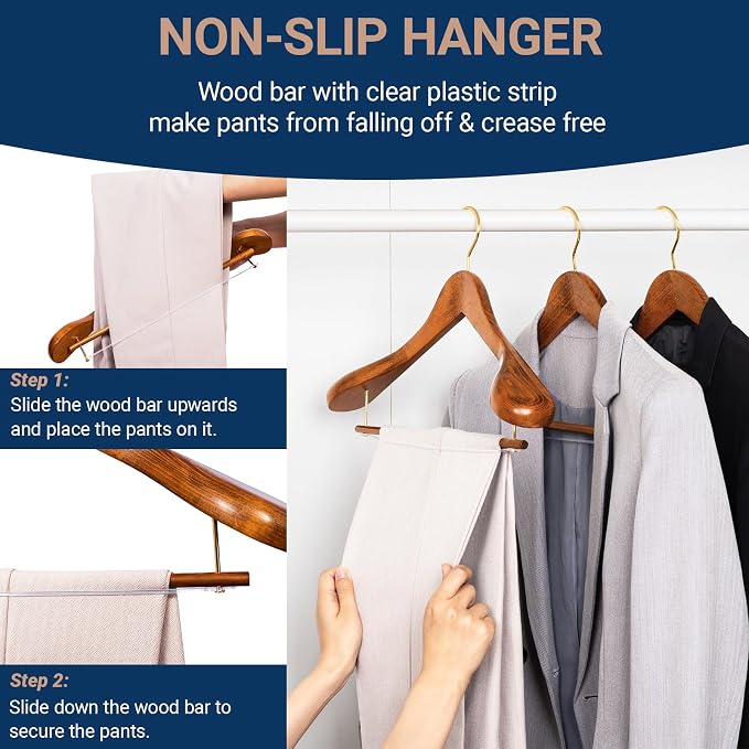 Amber Home 6 Pack Wide Shoulder Vintage Wooden Suit Hangers, Antique Wood Coat Hangers with Non Slip Pants Bar, Clothes Hangers for Jackets, Sweaters, Pants & Heavy Clothes (Vintage)
