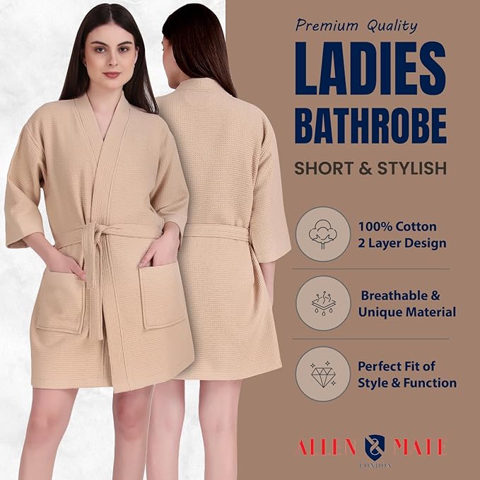 ALLEN & MATE 100% Cotton Women's Short Robe Dual Fabric Waffle Outside & Terry Towel Inside Kimono Bathrobe Medium Weight