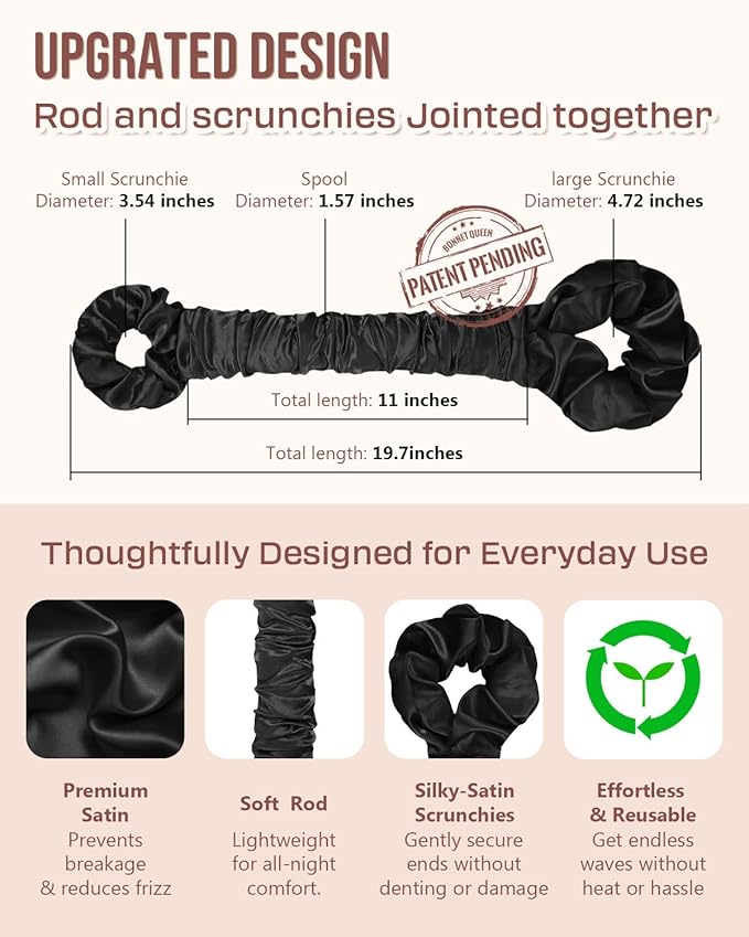BONNET QUEEN Multi-function Satin Heatless Hair Curler & Hair Tie Non-Heating Hair Roller Curling Rod with Scrunchie, Large, Black(For Big Curls)