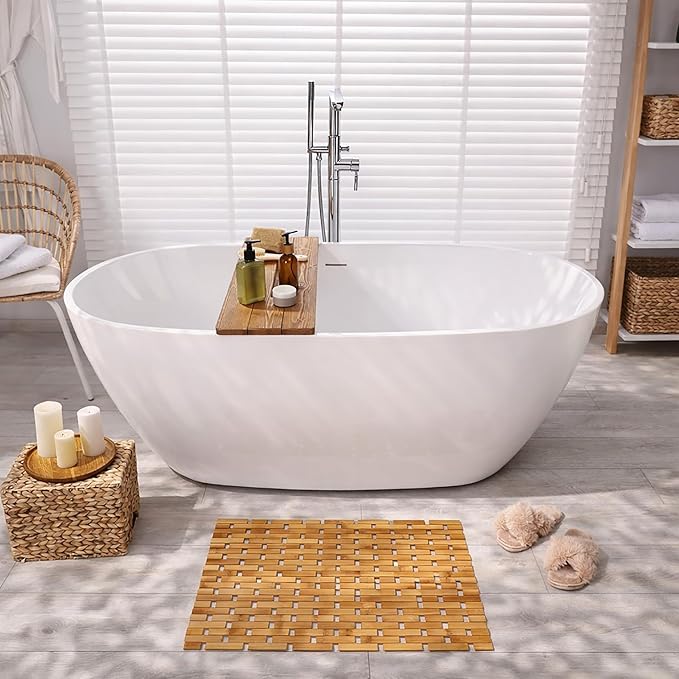 EVIDECO French Home Goods Square Natural Bamboo Bathroom Mat - Non Slip Bath Mat - Perfect for Shower, Spa, Sauna and Bathroom Decor - Foldable Duckboard, 18 x 18 inches, Light Brown