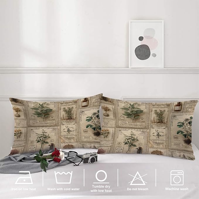 Shrahala Mythical Plants Specimen Labels Linen Pillowcases, Victorian Herbarium with Earth Tones Lumbar Pillow Cover Blended Double-Sided No Inserts for Bedroom Sofa Living Room Set of 2 (26 x 20 in)