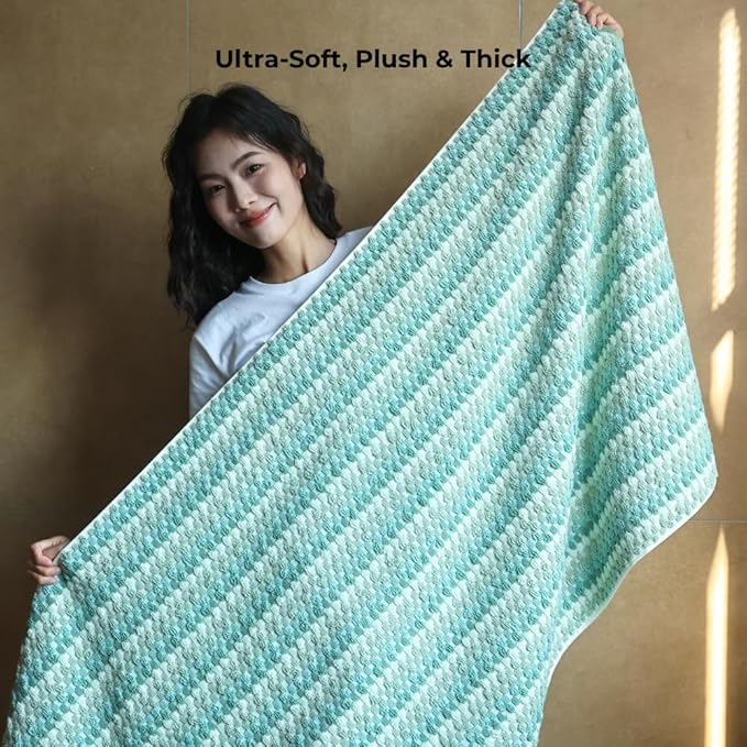 Premium Luxury Waffle Weave Cotton Towel Set - 160g Hand Towel & 650g Oversized Bath Towel (30"x60") - Ultra Absorbent, Quick-Dry, Soft Textured Jacquard (Turquoise)