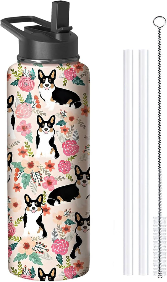 40oz Corgi Water Bottle with Handle and Flip Straw, Dog Animal Sports Stainless Steel Insulated Cup Travel Coffee Mug Tumbler, Birthday Mothers Day Chritmas Gifts for Women