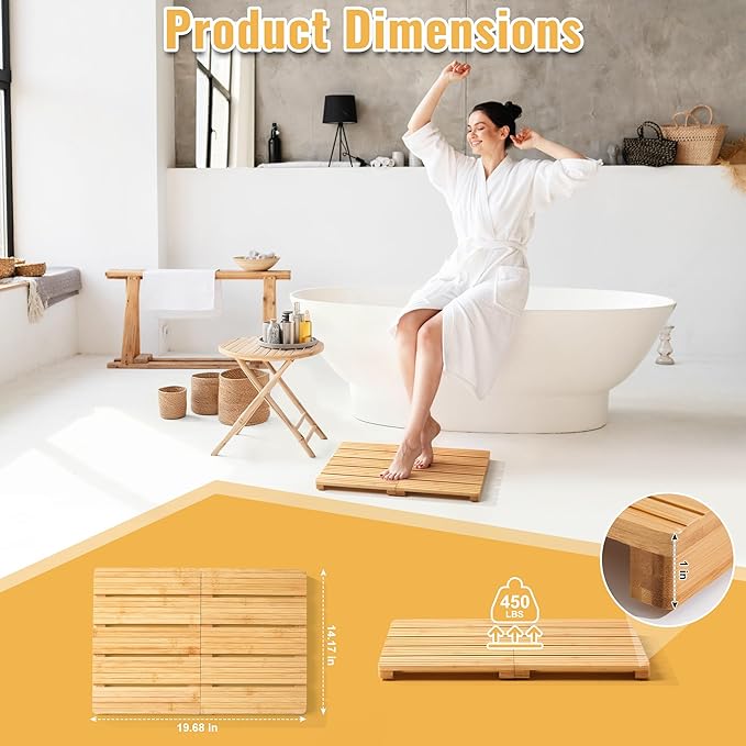 Foldable Bamboo Bath Mat for Shower, 19.68" x 14.17" in Non-Slip Wood Bathroom Rug, Quick-Dry Waterproof Carpet for Indoor Outdoor Use by Sink, Tub, Pool