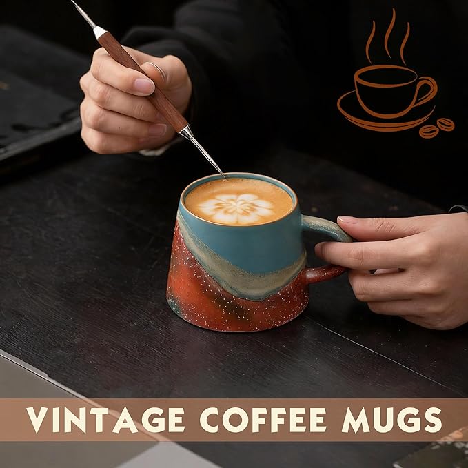 Vintage Coffee Mugs, 8 OZ Handmade Ceramic Coffee Mug with Handle, Pottery Coffee Cup for Morning Coffee, Tea & Latte, Lead-Free, Non-Toxic, Dishwasher & Microwave Safe for Home & Office.(Blue)