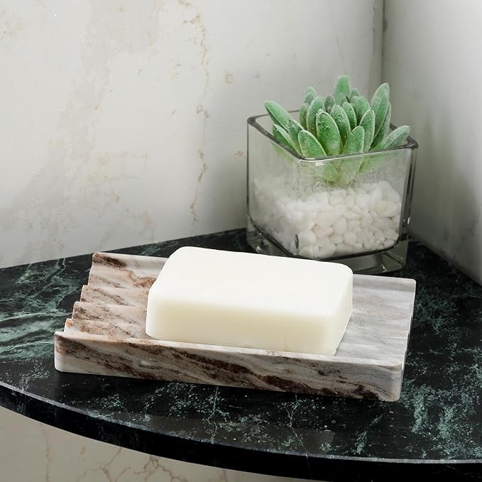 Karibiber Soap Holder, Marble Soap Dish for Shower, Bar Soaps Holder with Water Ripple Design, Easy Cleaning Soaps Saver for Kitchen Sink，Bathroom, Executive Indian Natural Stone Soap Tray