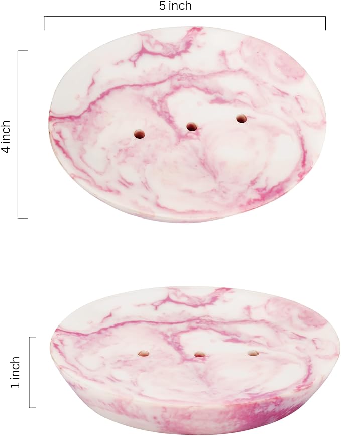 Ajuny Marble Resin Soap Dish Self Draining Oval Bar Soap Holder White & Pink Countertop Tray Soap Saver for Bathroom Shower Kitchen Sink & Bathtub Easy to Clean