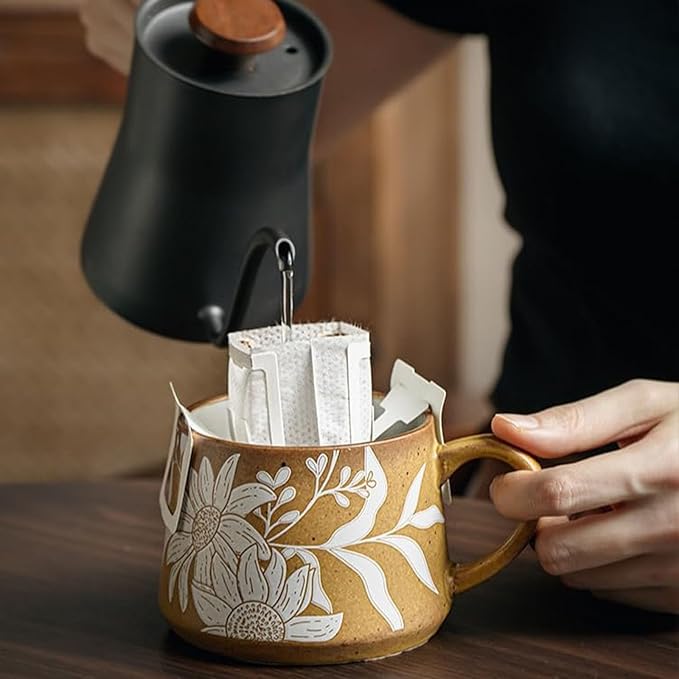 16OZ Ceramic Coffee Latte Mug, Cute Cup for Women, Ideal for Green Tea or Coffee,Hand Painted Floral Design Pottery Mug(Asagao)