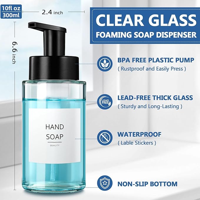 RYTOXILO Foaming Soap Dispenser, 10 oz/300ml Foaming Hand Soap Dispenser, 4 Pack Glass Dispenser for Bathroom & Kitchen, Clear Refillable Foam Dispenser Bottle with Waterproof Labels