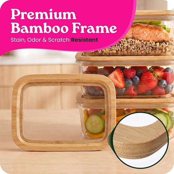 6-Pack Glass Food Storage Containers with Clear-Top Bamboo Lids – Plastic Free 27 Oz Glass Meal Prep Containers for Lunch, Eco Friendly Airtight Food Storage, Microwave & Freezer Safe