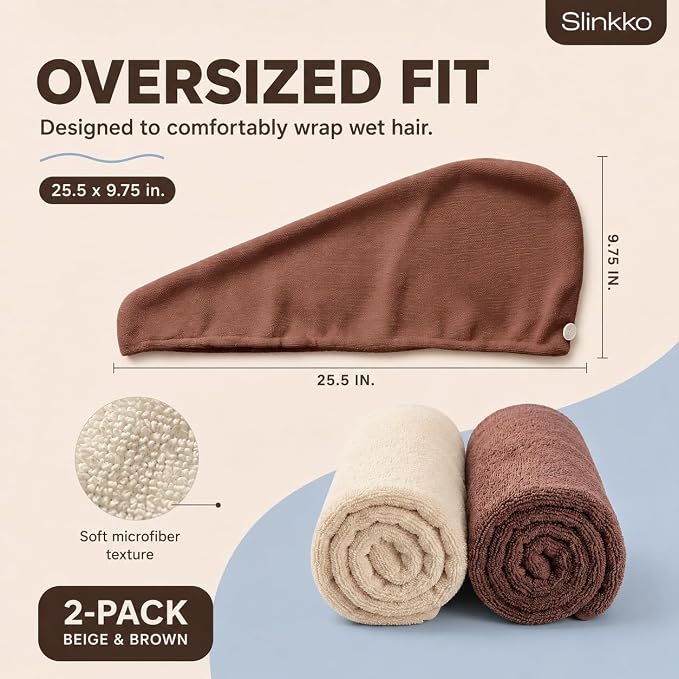 Microfiber Hair Towel Wrap for Women – Ultra Absorbent Quick Dry Turban | Button & Loop Design | Soft Lightweight Fabric | Reduces Frizz & Breakage | All Hair Types | Beige & Brown