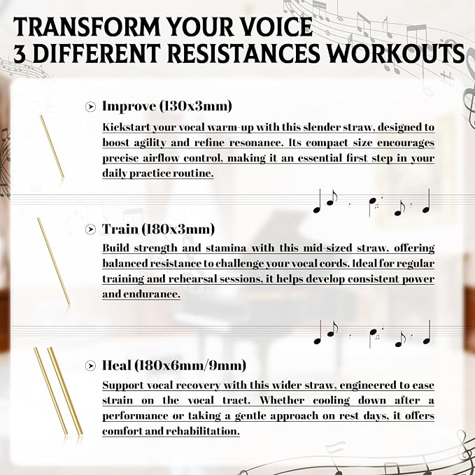 Singing Straw for Vocal Training - 3 Sizes of Singing Straw Tool Set, Stainless Steel Vocal Training and Healing Aid, to Improve, Train & Heal Your Voice(Golden,Gift Box)