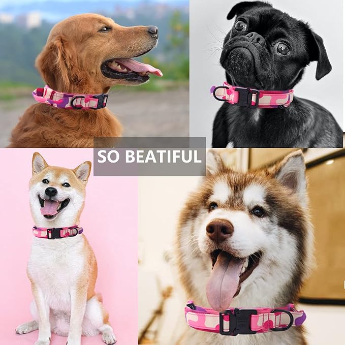 Tactical Dog Collar Adjustable Military Nylon Dog Collar with Control Handle and Heavy Duty Metal Buckle for Medium and Large Dogs (Pink Camo,XXL)