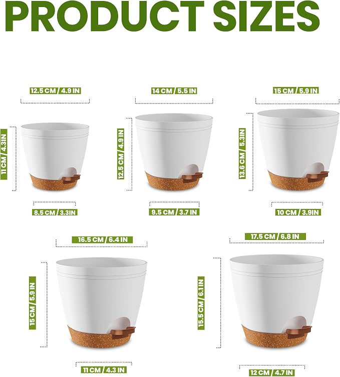 Utopia Home Self Watering Pots for Indoor Plants, Planters for Indoor Plants, Multi-Size Flowerpot, Set of 5 Plant Pots with Drainage & Reservoir, 6.8"/6.4"/5.9"/5.5"/4.9" (White)