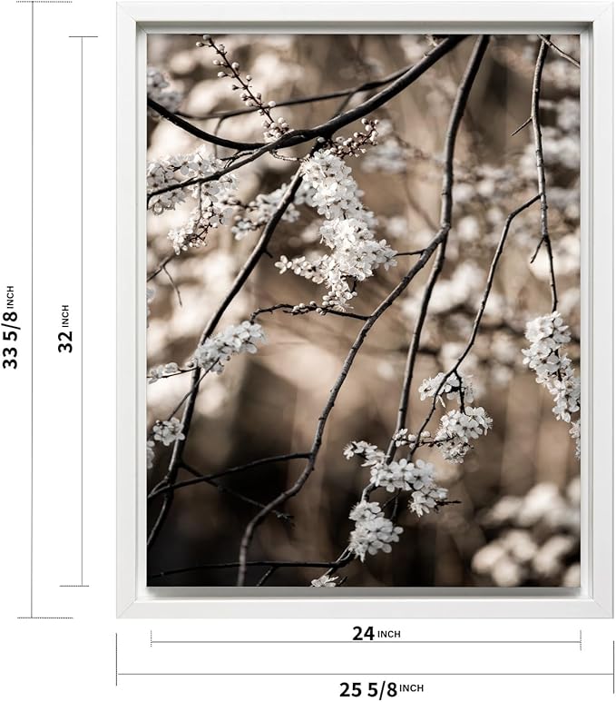 Monem Art Cherry Blossom Branch Photography Print - Moody Botanical Nature Art Poster - Wall Decor for Living Room, Bedroom or Office - 24x32 White Framed CANVAS Wall Art by Mareike Bohmer