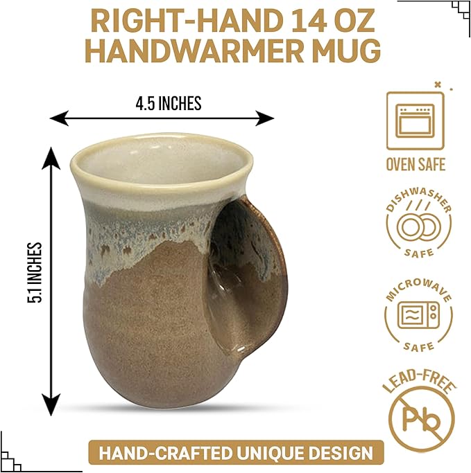 Clay in Motion Hand Warmer Coffee Mug – Handmade Coffee Mug With Comfortable Handle Contoured Pocket Hand Warming Ceramic Coffee Mug – Proudly Made in USA – Right Handed – 14 Oz - Desert Sand