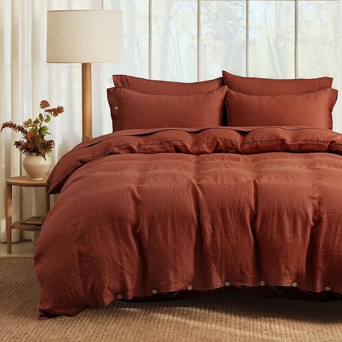 S VICTORY SYMBOL 100% Organic Linen Duvet Cover Set Queen Size 3pcs,Natural French Washed Flax Solid Color Soft Breathable (1 Duvet Cover and 2 Pillowcases) with Coconut Button Closure,Burgundy