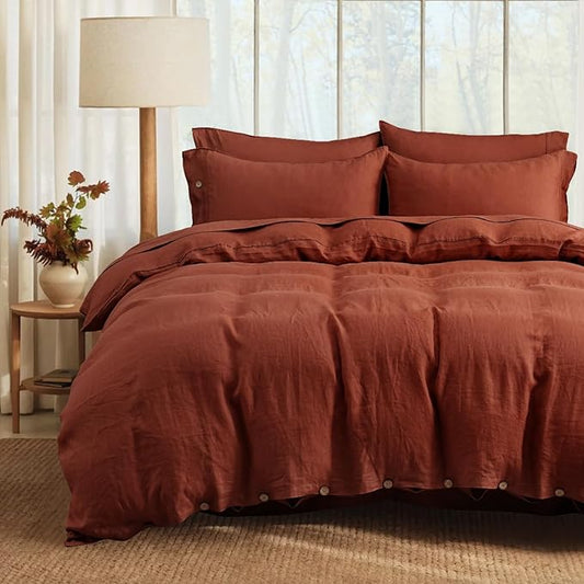 S VICTORY SYMBOL 100% Organic Linen Duvet Cover Set Queen Size 3pcs,Natural French Washed Flax Solid Color Soft Breathable (1 Duvet Cover and 2 Pillowcases) with Coconut Button Closure,Burgundy