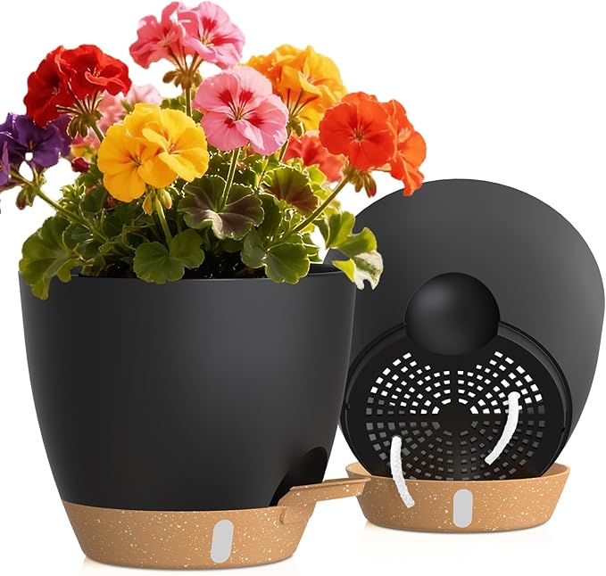Self Watering Pots with Drainage Holes, 2 Pack 8 Inch Plant Pots with Water Level Indicator Deep Reservoir, Large Plastic Planter for Indoor Outdoor Plants - Black Brown