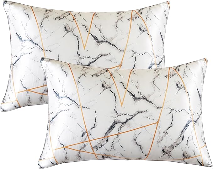 THXSILK Set of 2 Natural Mulberry Silk Pillowcase for Hair and Skin, Grade 6A+ Mulberry Silk Pillow Case with Hidden Zipper, Soft Smooth White Marble Pillowcase(Queen Size 20"x30")