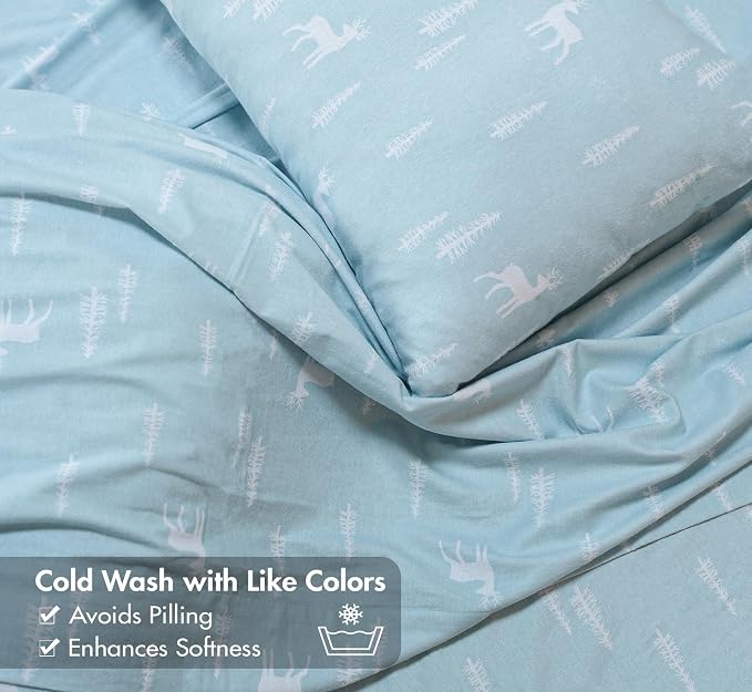 RUVANTI Flannel Sheets Queen Size - GOTS Certified 100% Organic Cotton, 4 Piece Warm, Soft & Breathable Set, Deep Pocket Snug Fit, Double Brushed Cozy All Season Bedding, Blue Pine