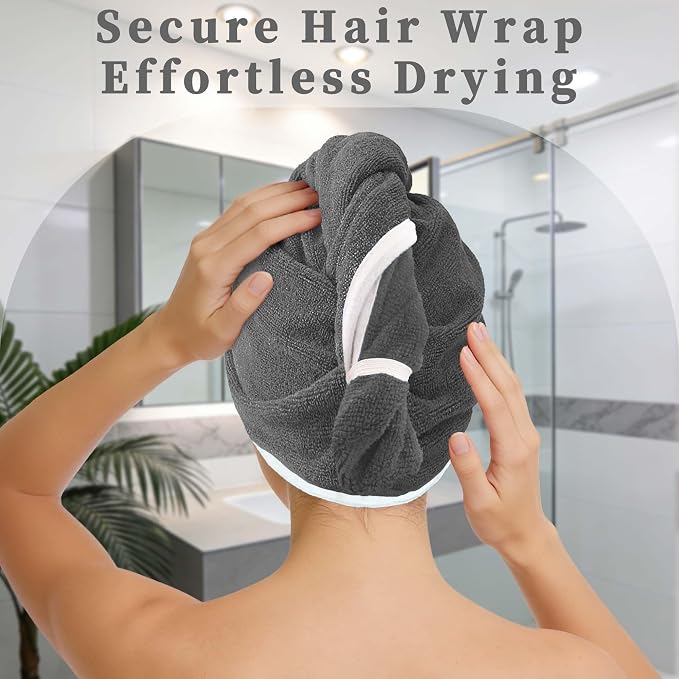 VOOVA & MOVAS Gray & Pink Microfiber Hair Towel, 2-Pack Non-Button Elastic Loop Hair Turban, Velvety Soft Anti Frizz Hair Wrap, High Water Absorption Cut Blow-Dry Time