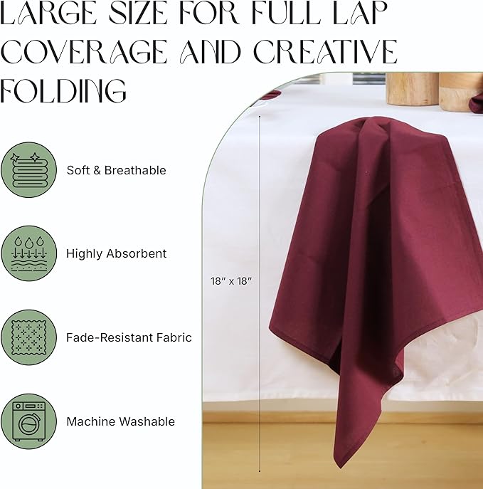 Cloth Napkins Set of 12, 100% Cotton Fabric Reusable Dinner Napkins, 18 x 18 Inch Washable Table & Kitchen Napkins for Everyday Dining, Entertaining, Home & Restaurant Use, Burgundy