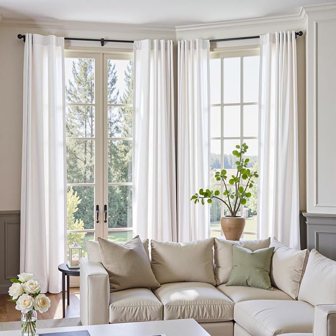 jinchan White Linen Curtains for Living Room Bedroom 20 Inchs Long 2 Panel Set Light Filtering Farmhouse Curtains Aesthetic Decor 10ft Extra Long Drapes, Rod Pocket/Back Tab 50W x 120L
