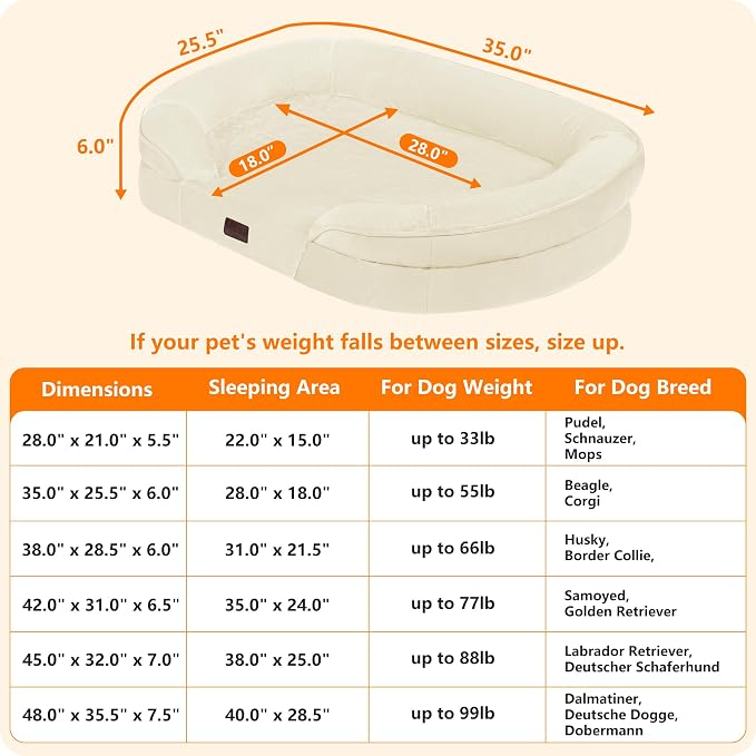 Dwanton Orthopedic Dog Bed for Medium Dogs with Gel Memory Foam, Waterproof Dog Sofa, Washable Pet Bed with Four Sided Bolster Cushion, Removable Cover & Non-Slip Bottom, 36", Beige