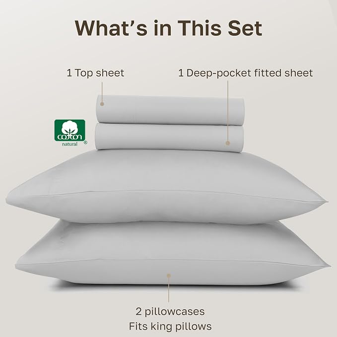 California Design Den 100% Egyptian Cotton Sheets King Size Bed Set - Certified Authentic Luxury, Soft Sateen Sheet Set with Deep Pockets, Breathable and Durable Bedding Set - Light Grey