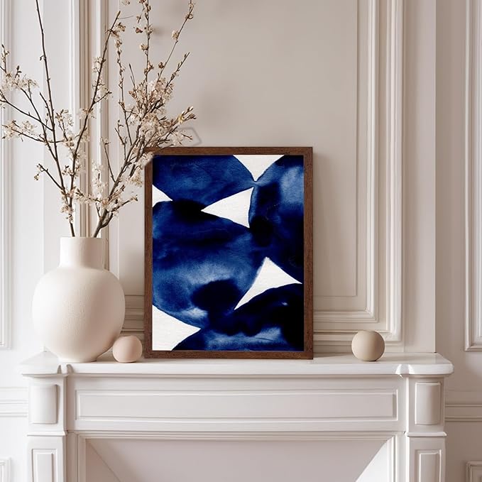 Monem Art Indigo Abstract Watercolor Painting Print - Minimalist Modern Art Poster - Wall Decor for Living Room, Bedroom or Office - 8x10 Brown Framed Wall Art by Mareike Bohmer
