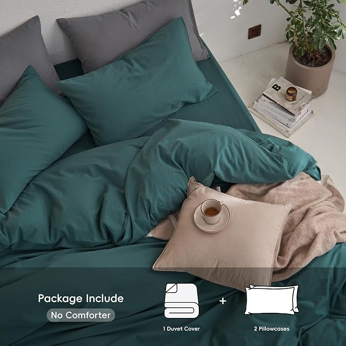 MooMee King Duvet Cover Set, 100% Washed Cotton Linen Like Twill Thick Sturdy Material Super Soft Breathable Durable Bedding for All Season, 3 Pieces (Green, King 104"x90")