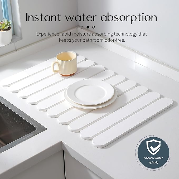 Large White Stone Dish Drying Mats for Kitchen Counter, Quick Dry Collapsible Eco-Friendly Super Absorbent Diatomaceous Earth Heat-resistant Mat for Dishes Bottles Cups, Match Any Countertop 24"×16"