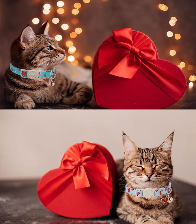 Cat Collar,2 Pack Cat Collars Breakaway with Bell, DOGWONG Safety Buckle Valentine's Day Cat Collar Blue Heart for Girl Boy Cats and Small Dogs，Adjustable 7-12 Inch,Pet Supplies Accessories