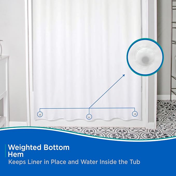 Kenney KN61440PK2 Medium Weight 5 Gauge Waterproof PEVA Shower Curtain Liner with Rust-Resistant Metal Grommets and Weighted Magnetic Hem for Bathroom, 70" W x 72" H, White, 2-Pack