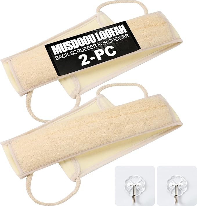Loofah Back Scrubber with Handle, Natural Exfoliating Shower Sponge, Deep Clean Back Scrub for All Skin Types, Durable Bath Loofah for Daily Use