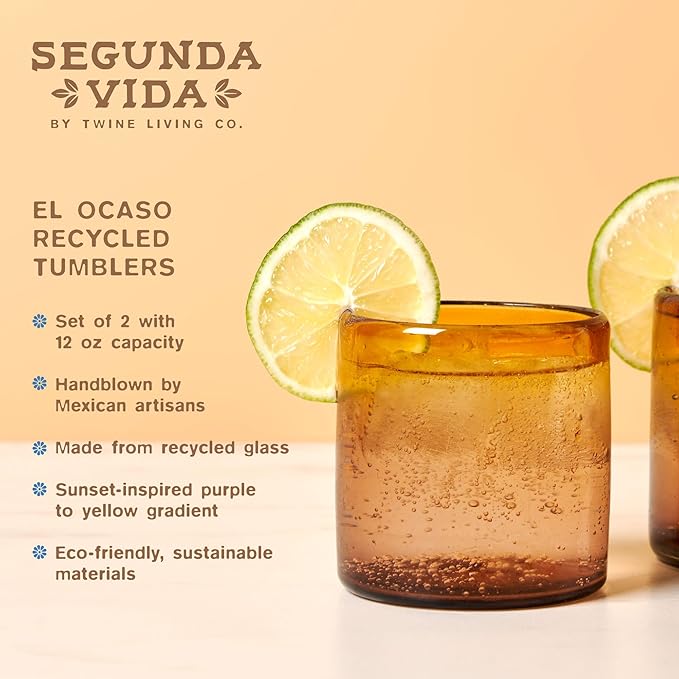Twine El Ocaso Hand-Blown Tumblers, Recycled Drinking Glasses, Sunset Inspired Yellow and Purple Gradient, Mexican Glassware, Decorative Drinkware for Home Bars, 10 oz, Set of 2