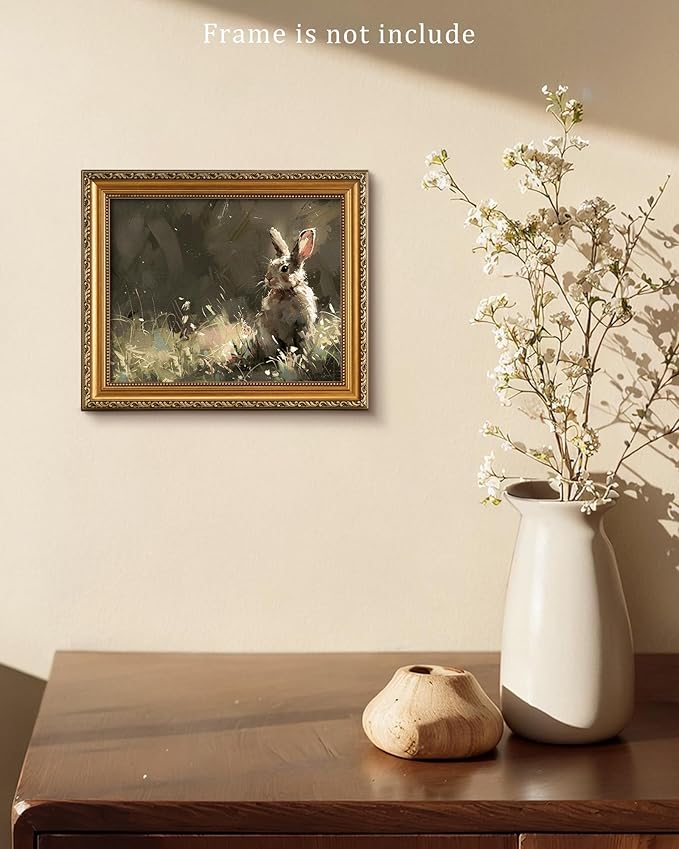 Vodefoad Vintage Rabbit Wall Art Prints Easter Wall Decor Neutral Bunny Canvas Oil Painting Farmhouse Style Bunny Drawing for Nursery Wall Decor Retro Easter Antique Rabbit Gallery wall Art for Bathroom Office Decor - 8x10Inch Unframe
