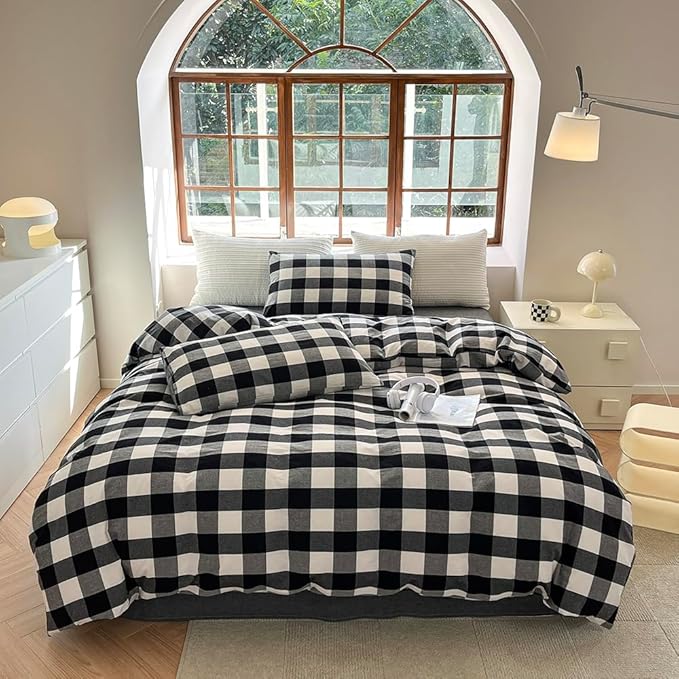 FACE TWO FACE Bedding Duvet Cover Set100% Washed Cotton Duvet Cover Linen Like Textured Breathable Durable Soft Comfy (Queen, Black and White Grid)