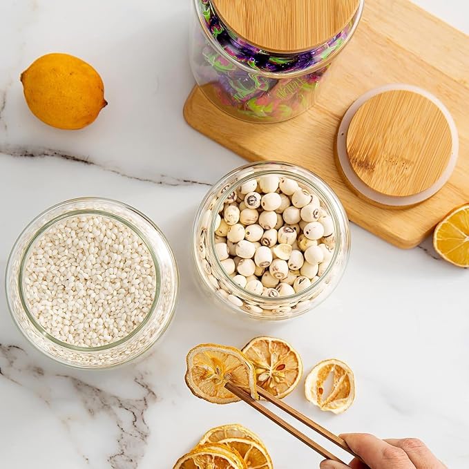 3 Pack 1200 ml / 42 oz clear cute glass storage canister holder with airtight bamboo lid, modern decorative small container jar for coffee, spice, candy, salt, cookie, condiment, pepper, sugar