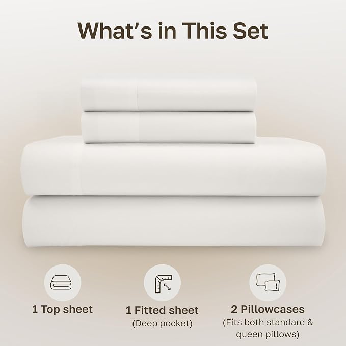 California Design Den Sheets Queen Size Bed Set - Soft 100% Organic Sheets with Deep Pockets, Crisp Percale, Breathable and Durable Bedding Set - True Ivory