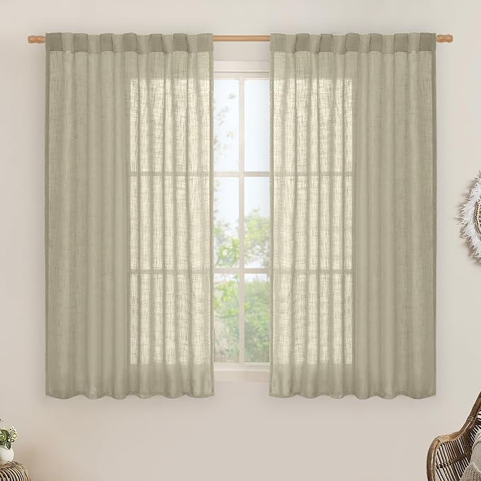 LAMIT Oatmeal Linen Curtains 54 Inch Length 2 Panels, Light Filtering Panels Back Tab and Rod Pocket Country Decor Drapes for Bathroom/Window/Bedroom, 52 x 54 Inch