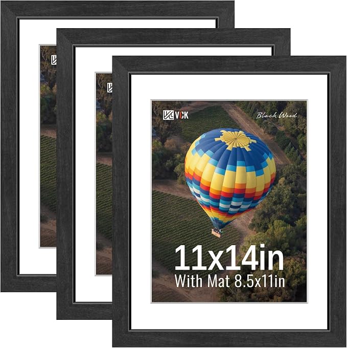 VCK 11x14 Picture Frames Black 3 Pack, Wide Border Solid Wood, Tempered Glass, Display 8.5x11 Photo with Mat or 11 x 14 without, for Home, Office, Gallery, Woodgrain Series, Wall Hanging